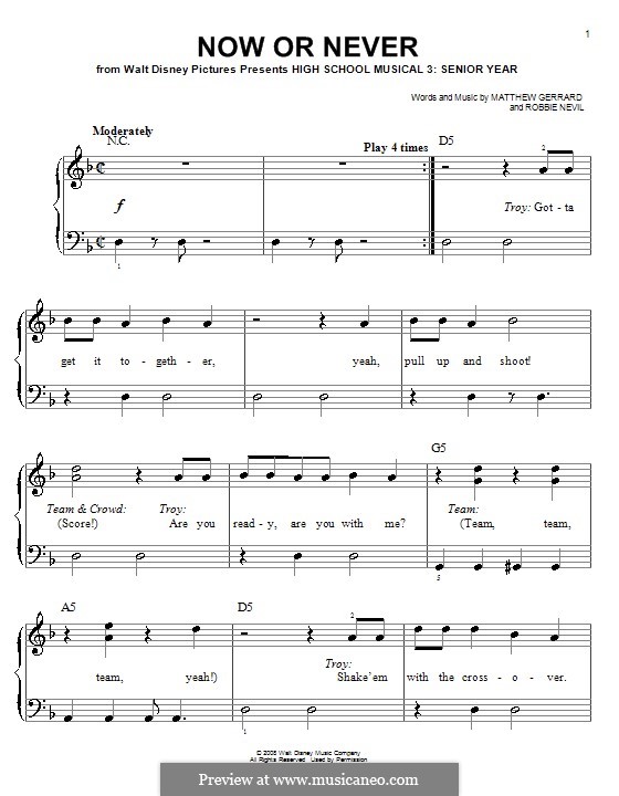 Now or Never (from High School Musical 3): Für Klavier, leicht by Matthew Gerrard, Robbie Nevil