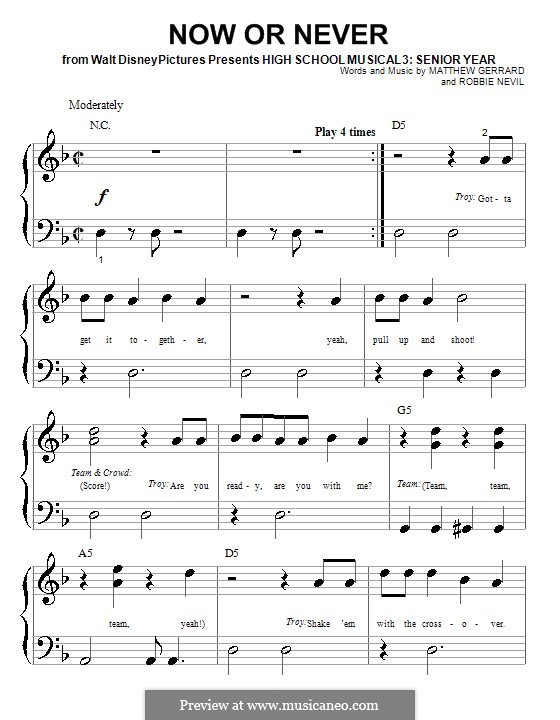 Now or Never (from High School Musical 3): Für Klavier (sehr leichte Fassung) by Matthew Gerrard, Robbie Nevil