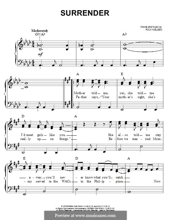 Surrender (Cheap Trick): Einfache Noten für Klavier by Rick Nielsen