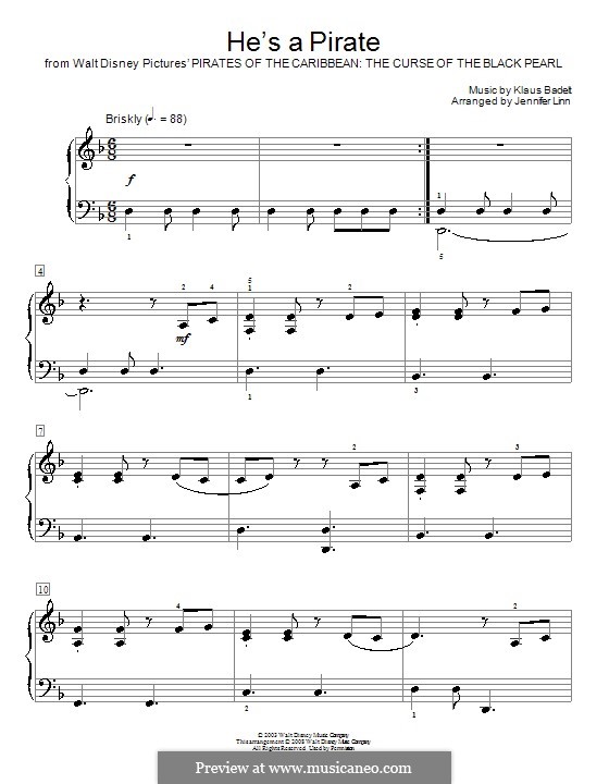 He's a Pirate (from Pirates of the Caribbean: The Curse of the Black Pearl): Für Klavier by Klaus Badelt