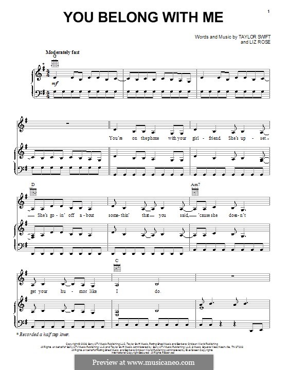 You Belong with Me (Taylor Swift): Für Stimme und Klavier (oder Gitarre) by Liz Rose