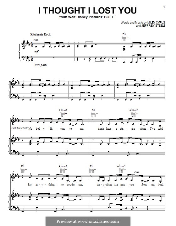 I Thought I Lost You (Miley Cyrus): Für Stimme und Klavier (oder Gitarre) by Jeffrey Steele