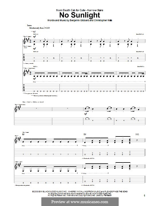 No Sunlight (Death Cab for Cutie): Für Gitarre mit Tabulatur by Benjamin Gibbard, Christopher Walla