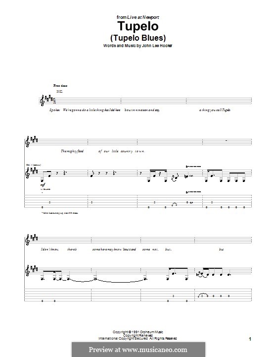 Tupelo (Tupelo Blues): Für Gitarre mit Tabulatur by John Lee Hooker