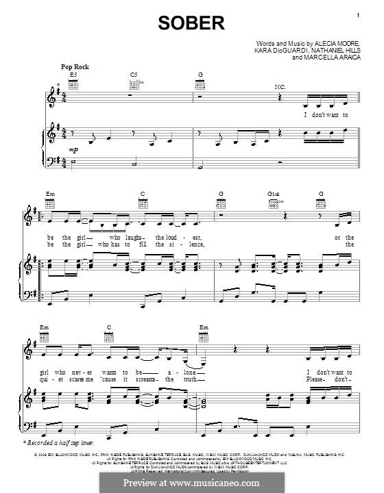 Sober (Pink): Für Stimme und Klavier (oder Gitarre) by Alecia Moore, Kara DioGuardi, Marcella Araica, Floyd Nathaniel Hills