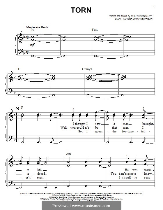 Torn (Natalie Imbruglia): Einfache Noten für Klavier by Anne Preven, Phil Thornalley, Scott Cutler