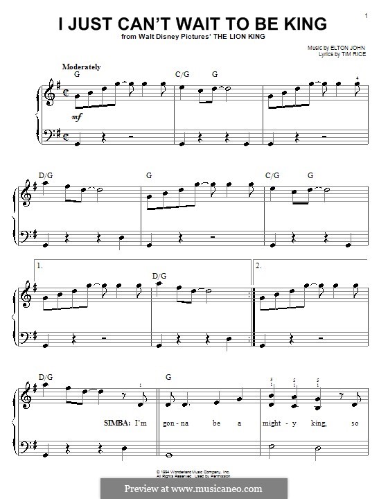 I Just Can't Wait To Be King (from The Lion King): Für Klavier, leicht by Elton John