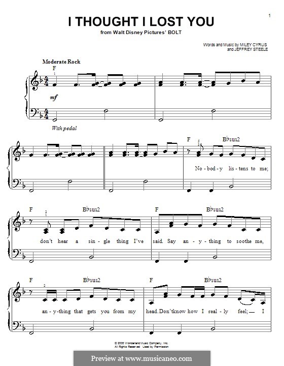 I Thought I Lost You (Miley Cyrus): Einfache Noten für Klavier by Jeffrey Steele