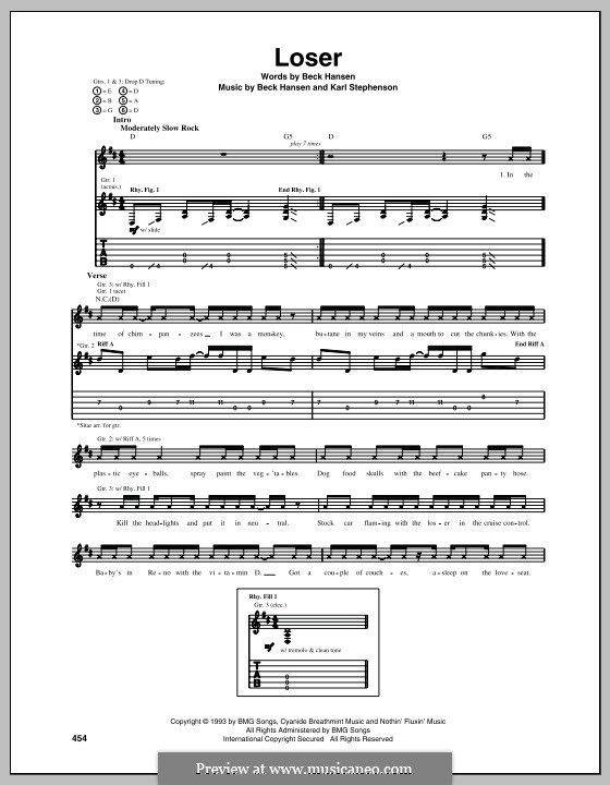 Loser (Beck): Für Gitarre mit Tab by Beck Hansen, Carl Stephenson