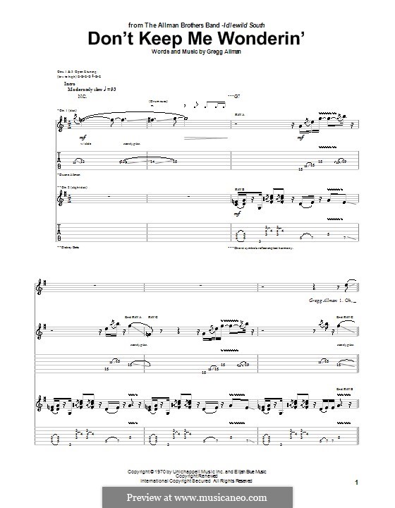 Don't Keep Me Wonderin' (The Allman Brothers Band): Für Gitarre mit Tab by Gregg Allman