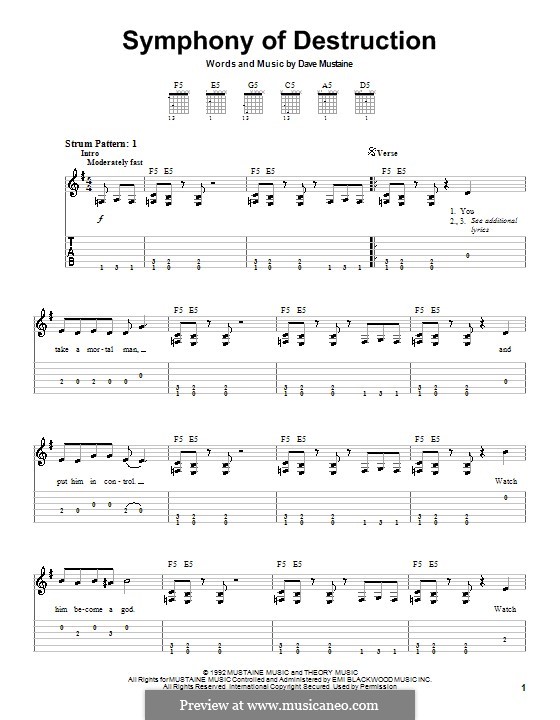 Symphony of Destruction (Megadeth): Für Gitarre (Sehr leichte Fassung) by Dave Mustaine