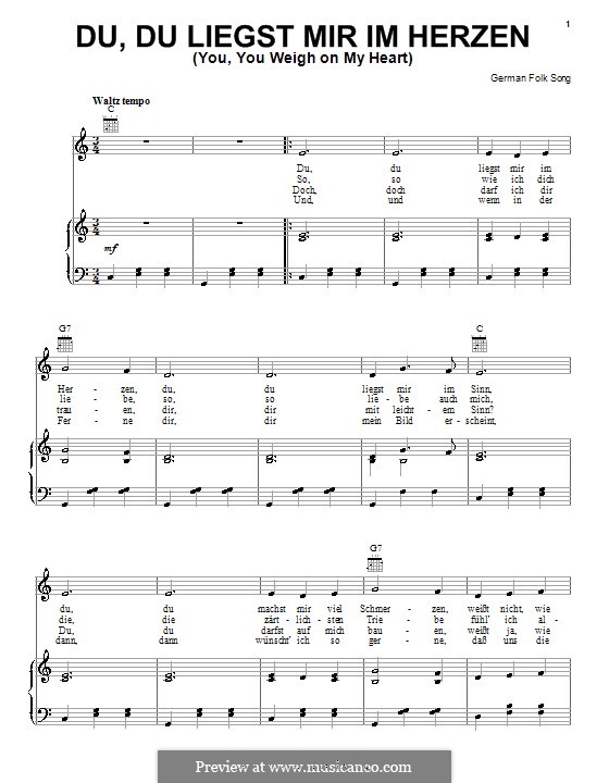 Du, du liegst mir im Herzen: Für Stimme und Klavier (oder Gitarre) by folklore