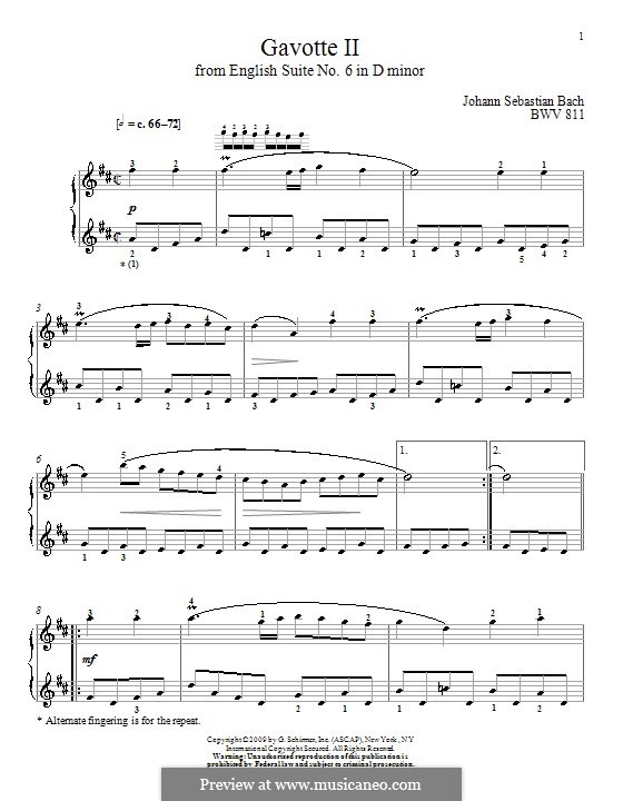 Suite Nr.6 in d-Moll, BWV 811: Gavotte Nr.2, für Klavier by Johann Sebastian Bach