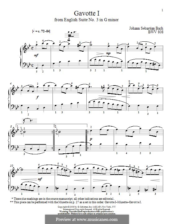 Suite Nr.3 in g-Moll, BWV 808: Gavotte Nr.1. Version für Klavier by Johann Sebastian Bach