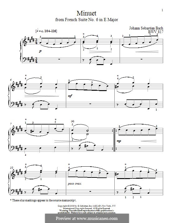 Suite Nr.6 in E-Dur, BWV 817: Menuett, für Klavier by Johann Sebastian Bach