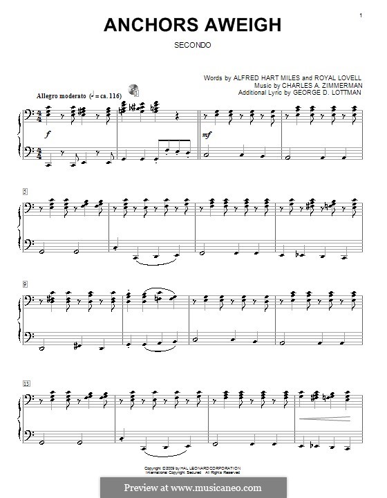 Anchors Aweigh (Alfred Hart Miles): Für Klavier, vierhändig by Charles A. Zimmermann, George D. Lottman, Royal Lovell