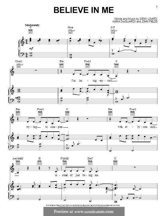 Believe in Me (Demi Lovato): Für Stimme und Klavier (oder Gitarre) by John Fields, Kara DioGuardi