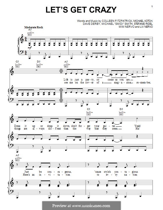 Let's Get Crazy (Hannah Montana): Für Stimme und Klavier (oder Gitarre) by Colleen Fitzpatrick, Dave Derby, Olivia Nervo, Michael Kotch, Michael 'Smidi' Smith, Miriam Nervo, Stefanie Ridel