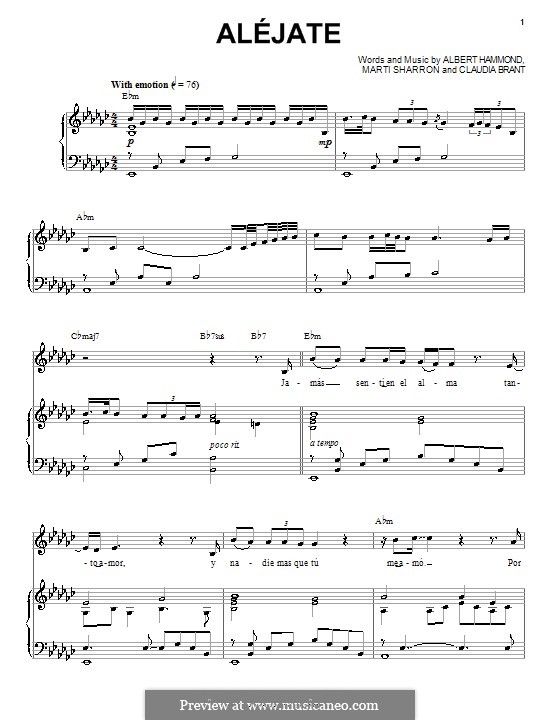 Alejate (Josh Groban): Für Stimme und Klavier (oder Gitarre) by Albert Hammond, Claudia Brant, Marti Sharron