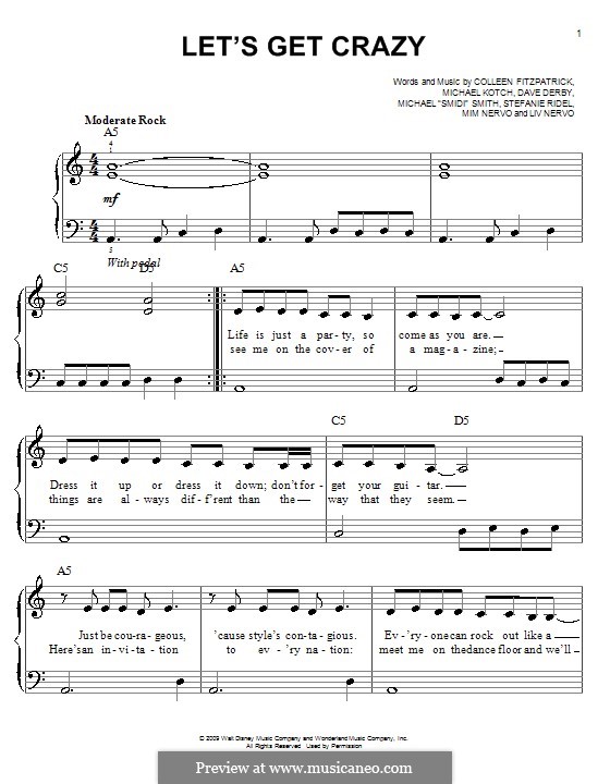 Let's Get Crazy (Hannah Montana): Für Klavier, leicht by Colleen Fitzpatrick, Dave Derby, Olivia Nervo, Michael Kotch, Michael 'Smidi' Smith, Miriam Nervo, Stefanie Ridel