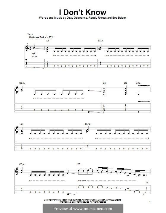 I Don't Know: Für Gitarre mit Tabulatur by Bob Daisley, Randy Rhoads