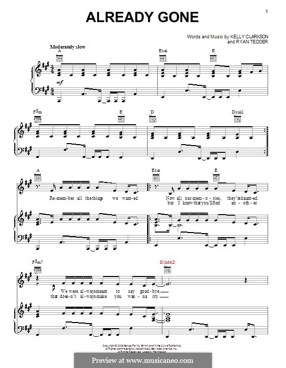 Already Gone (Kelly Clarkson): Für Stimme und Klavier (oder Gitarre) by Ryan B Tedder