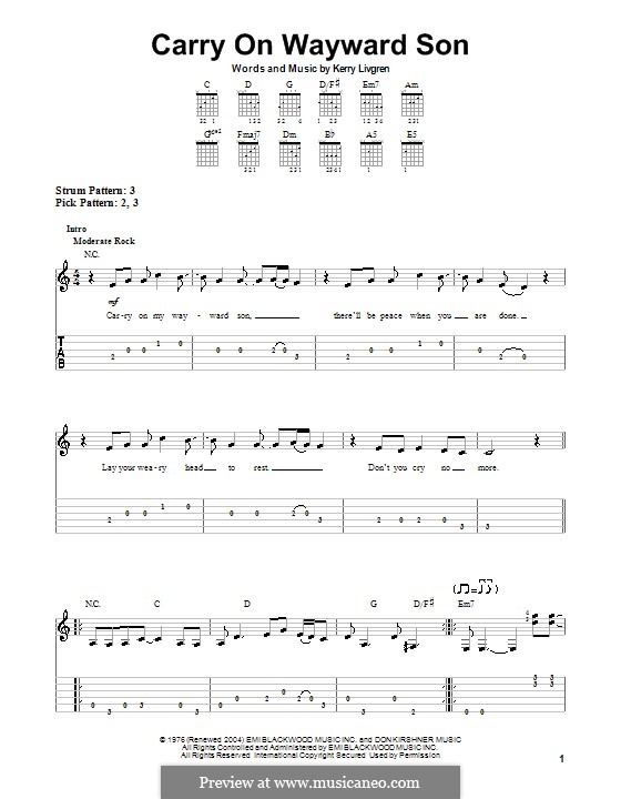 Carry on Wayward Son (Kansas): Für Gitarre (Sehr leichte Fassung) by Kerry Livgren