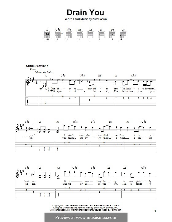 Drain You (Nirvana): Für Gitarre (Sehr leichte Fassung) by Kurt Cobain