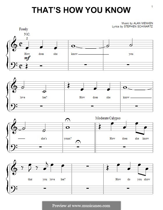 That's How You Know (from Enchanted): Für Klavier (sehr leichte Fassung) by Alan Menken