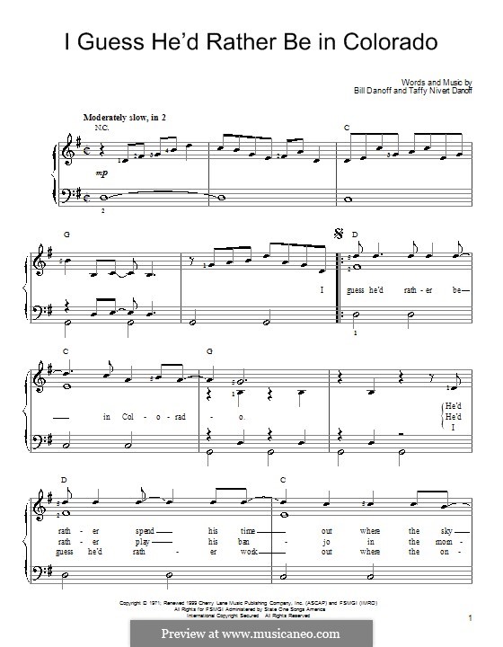 I Guess He'd Rather Be in Colorado: Einfache Noten für Klavier by Bill Danoff, Taffy Nivert Danoff