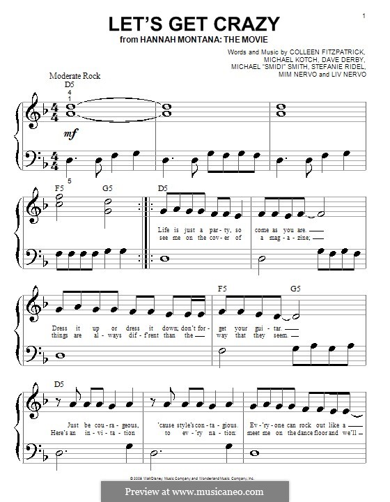 Let's Get Crazy (Hannah Montana): Für Klavier (sehr leichte Fassung) by Colleen Fitzpatrick, Dave Derby, Olivia Nervo, Michael Kotch, Michael 'Smidi' Smith, Miriam Nervo, Stefanie Ridel