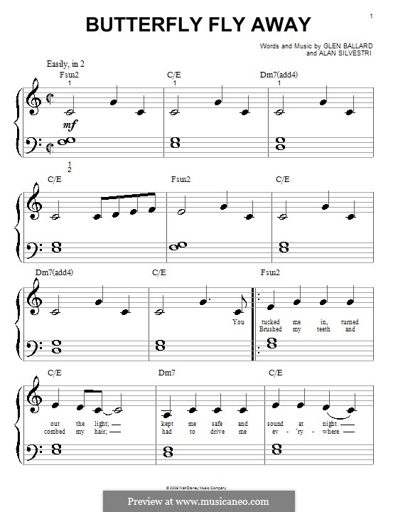 Butterfly Fly Away (Miley Cyrus): Für Klavier (sehr leichte Fassung) by Alan Silvestri, Glen Ballard