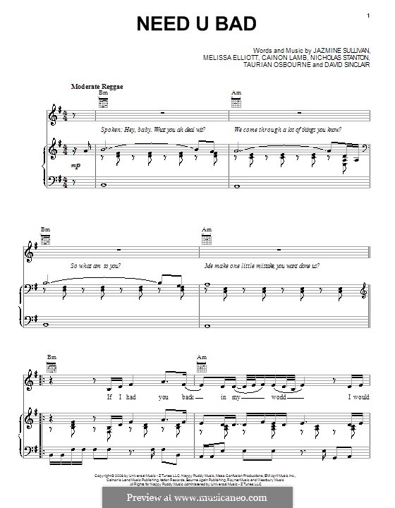 Need u Bad (Jazmine Sullivan): Für Stimme und Klavier (oder Gitarre) by Cainon Lamb, David Sinclair, Melissa Elliott, Nicholas Stanton, Taurian Osbourne