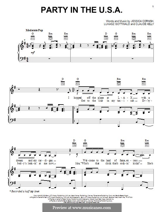 Party in the U.S.A. (Miley Cyrus): Für Stimme und Klavier (oder Gitarre) by Claude Kelly, Jessica Cornish, Lukas Gottwald