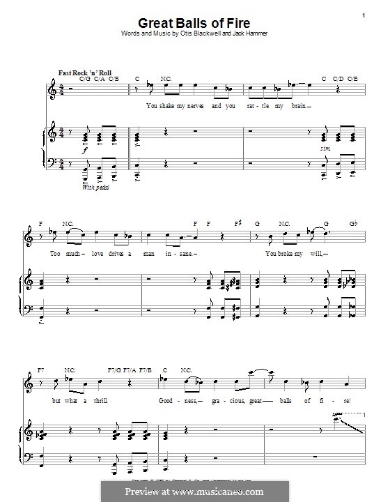 Great Balls of Fire (Jerry Lee Lewis): Für Stimme und Klavier oder Gitarre (C-Dur) by Jack Hammer, Otis Blackwell