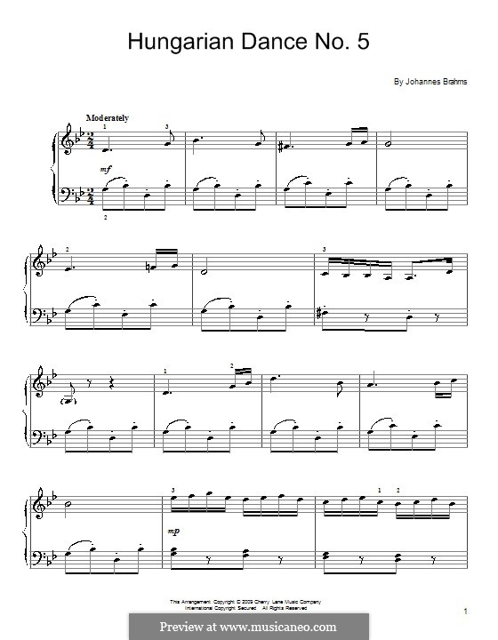 Tanz Nr.5 in fis-Moll: Einfache Noten für Klavier by Johannes Brahms