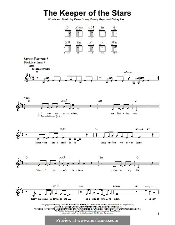 The Keeper of the Stars (Tracy Byrd): Für Gitarre (Sehr leichte Fassung) by Danny Mayo, Dickey Lee, Karen Staley
