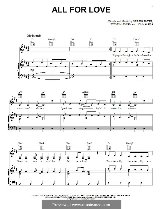 All for Love (Serena Ryder): Für Stimme und Klavier (oder Gitarre) by John Alagia, Steve McEwan