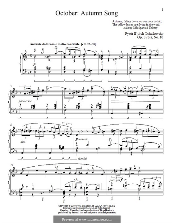 Nr.10 Oktober (Herbstlied): Für Klavier (mit Fingersatz) by Pjotr Tschaikowski