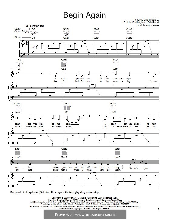 Begin Again: Für Stimme und Klavier (oder Gitarre) by Jason Reeves, Kara DioGuardi