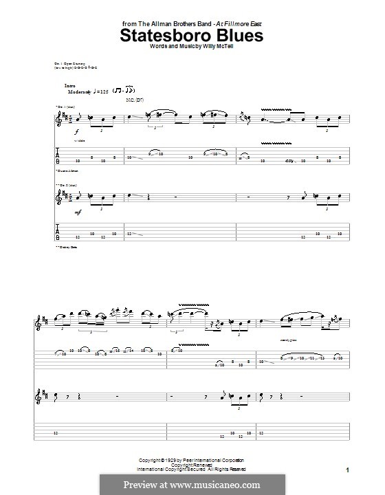 Statesboro Blues (The Allman Brothers Band): Für Gitarre mit Tab by Blind Willie McTell