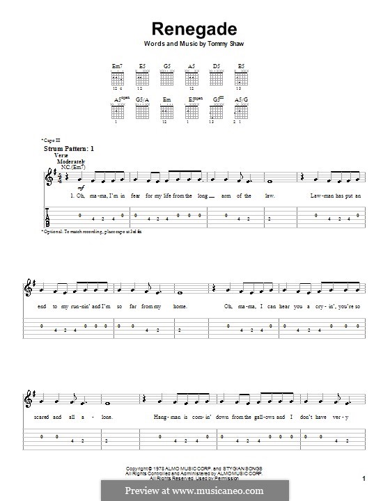 Renegade (Styx): Für Gitarre (Sehr leichte Fassung) by Tommy Shaw