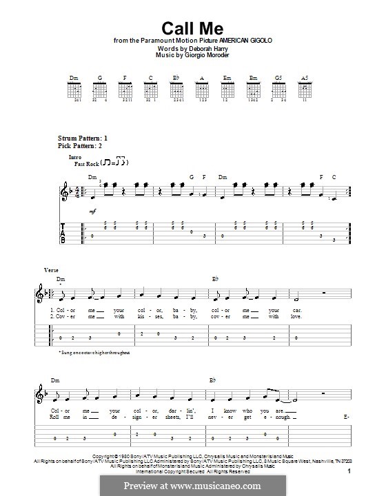 Call Me (Blondie): Für Gitarre (Sehr leichte Fassung) by Deborah Harry, Giorgio Moroder
