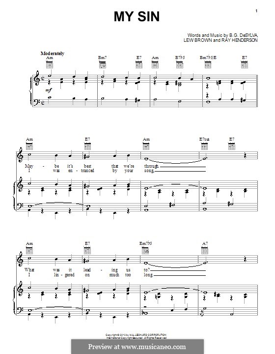 My Sin: Für Stimme und Klavier (oder Gitarre) by Ray Henderson, Lew Brown
