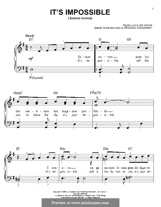 It's Impossible (Somos Novios): For easy piano (Perry Como) by Armando Manzanero, Sid Wayne