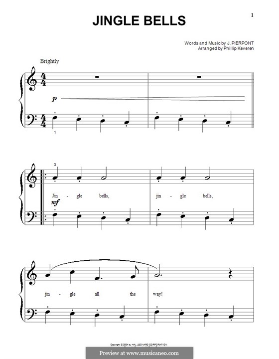 Piano version (printable scores): Very easy notes by James Lord Pierpont