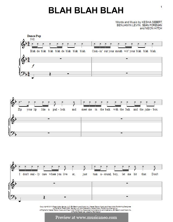 Blah Blah Blah (Ke$ha): Für Stimme und Klavier (oder Gitarre) by Benjamin Levin, Kesha Sebert, Neon Hitch, Sean Foreman