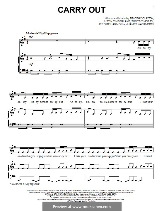 Carry Out (Timbaland featuring Justin Timberlake): Für Stimme und Klavier (oder Gitarre) by James Washington, Jerome Harmon, Timbaland, Timothy Clayton