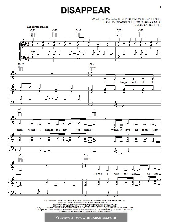 Disappear (Beyonce): Für Stimme und Klavier (oder Gitarre) by Amanda Ghost, Dave McCracken, Hugo Chakrabongse, Ian Dench