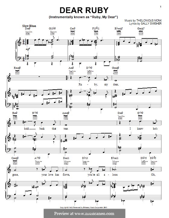 Dear Ruby: Für Stimme und Klavier (oder Gitarre) by Thelonious Monk